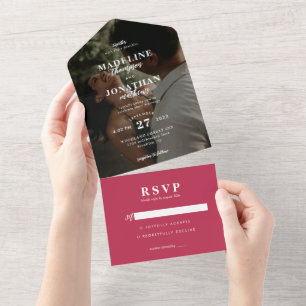 Modern Minimalist Classy Photo Wedding Magenta All In One Invitation