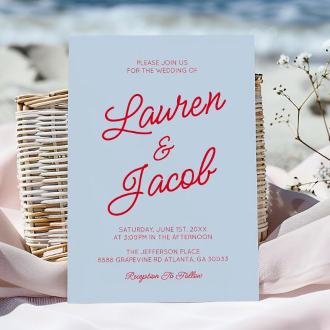 Modern Minimalist Coastal Blue Red Wedding Invitation (Creator Uploaded)
