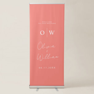 Modern Minimalist Coral Monogram Wedding Welcome Retractable Banner