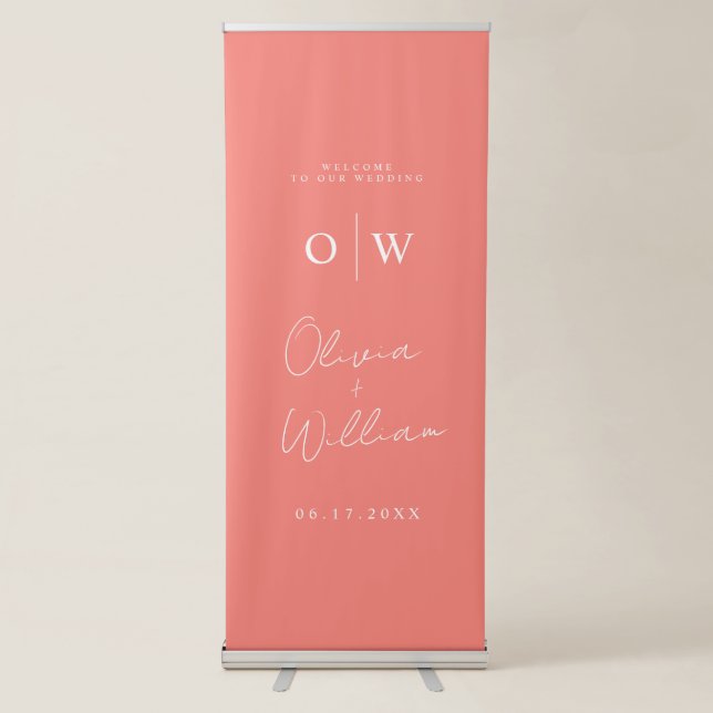 Modern Minimalist Coral Monogram Wedding Welcome Retractable Banner (Front)