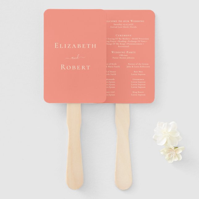 Modern Minimalist Coral Pink Wedding Program Hand Fan (Front and Back)