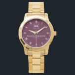 Modern Minimalist Couple Name  Burgundy Watch<br><div class="desc">Modern Minimalist Couple Name Engraved Burgundy Watch Upgrade your style with this modern minimalist custom engraved watch, featuring a sleek burgundy design and personalized couple’s names. This elegant timepiece is the perfect blend of sophistication and sentimentality, making it an ideal gift for couples, weddings, anniversaries, engagements, or special occasions. The...</div>