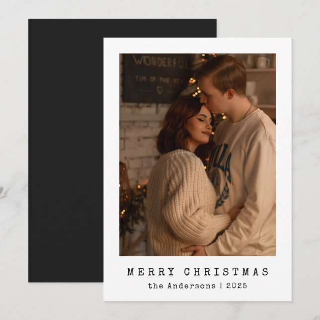 Modern Minimalist Couple Photo Black Christmas Holiday Card (Front/Back)