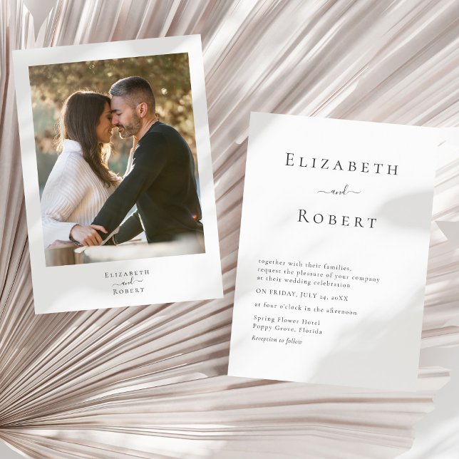 Modern Minimalist Couple Photo Wedding Invitation (Modern Minimalist Couple Photo Wedding Invitation on a sunny neutral dry palm leaf.)