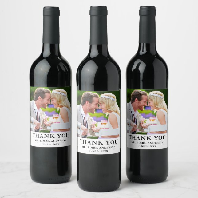 Modern Minimalist Couple Photo Wedding Thank You Wine Label (Bottles)