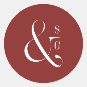 Modern minimalist couple's monogram burgundy classic round sticker