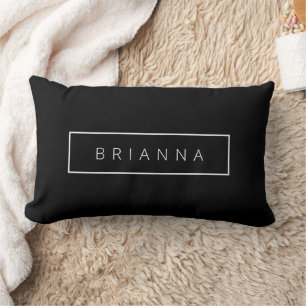 Modern Minimalist Cream Custom Name on Black Lumbar Cushion