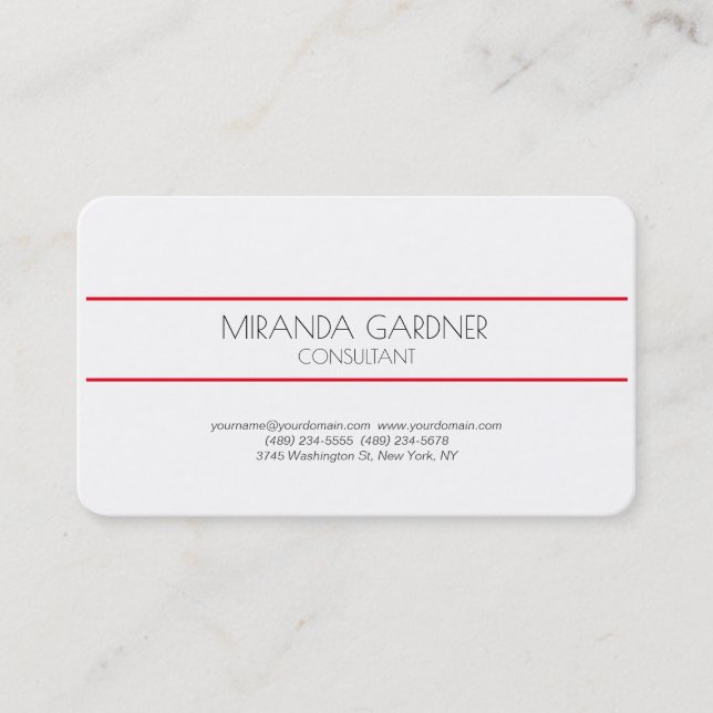 Modern Minimalist Creative Consultant Red White Business Card (Front)