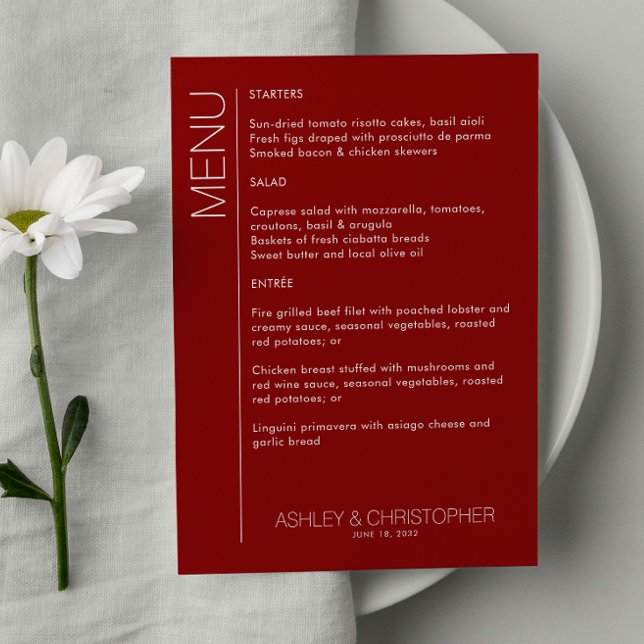 Modern Minimalist Crimson Red Wedding Reception Menu (Creator Uploaded)