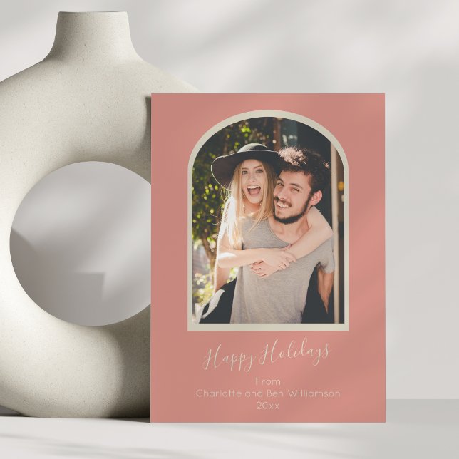 Modern Minimalist Custom Arch Photo Terracotta Holiday Card (Creator Uploaded)