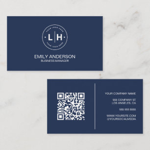 Modern Minimalist Custom Logo QR Navy Blue Business Card