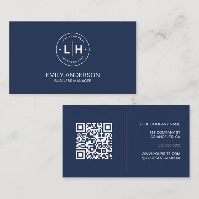 Modern Minimalist Custom Logo QR Navy Blue Business Card (Front/Back)