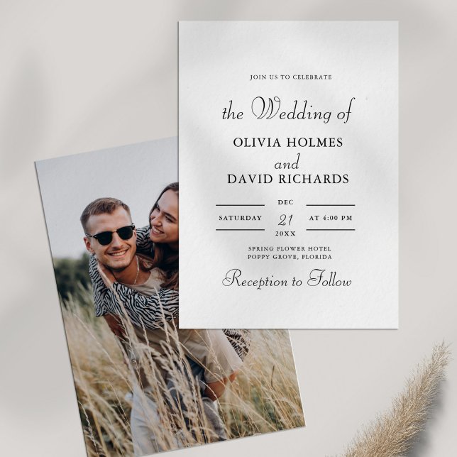 Modern Minimalist  Custom Photo Wedding Invitation (Modern Minimalist Custom Photo Wedding Invitation on white table with dry wildflower.)