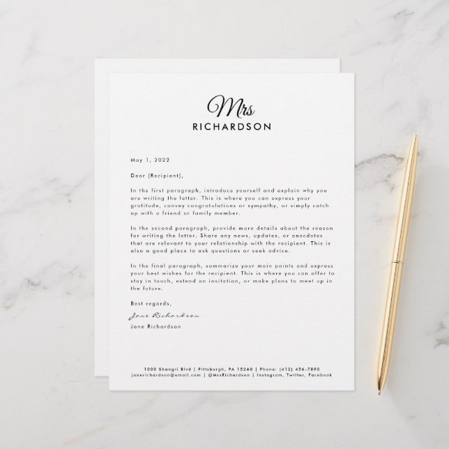 Modern Minimalist Custom Script Mrs. Family Name Custom Letterhead (Front/Back In Situ)