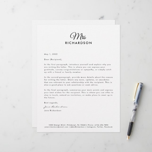 Modern Minimalist Custom Script Mrs. Family Name Letterhead (Front/Back In Situ)