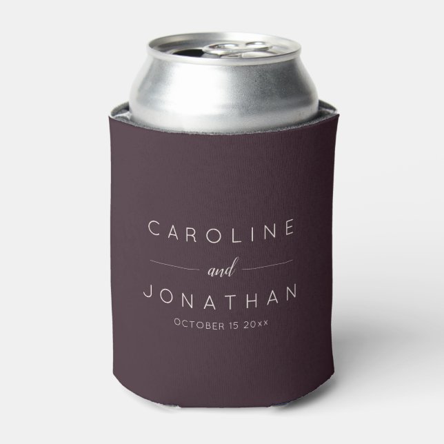 Modern Minimalist Custom Wedding Names Dark Plum Can Cooler (Can Front)