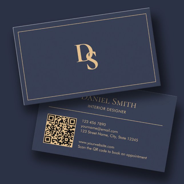 Modern Minimalist Dark Blue Initials QR Code Business Card (Modern Minimalist Dark Blue Initials QR Code Business Card)