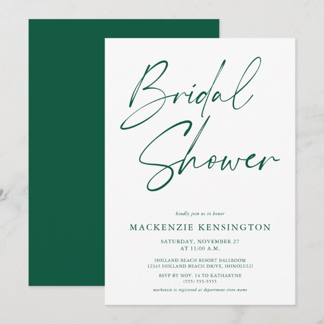 Modern Minimalist Dark Emerald Green Bridal Shower Invitation (Front/Back)