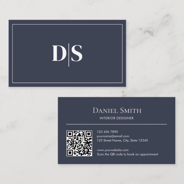 Modern Minimalist Dark Grey White Initials QR Code Business Card (Front/Back)