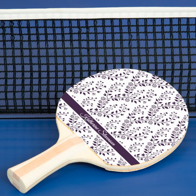 Modern Minimalist Dark Plum White Floral Script Ping Pong Paddle (Insitu)