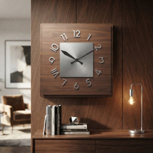 Modern Minimalist Dark Wood and Brushed Silver Square Wall Clock