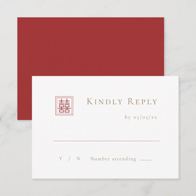 Modern Minimalist Double Happiness Chinese Wedding RSVP Card (Front/Back)