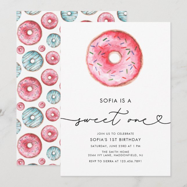 Modern Minimalist Doughnut Sweet One Birthday Invitation (Front/Back)