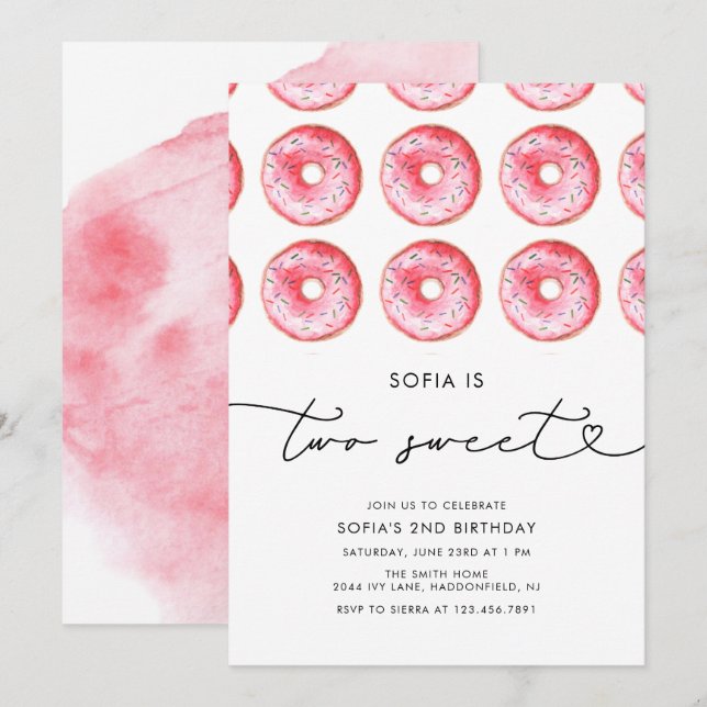Modern Minimalist Doughnut Two Sweet Birthday Invitation (Front/Back)
