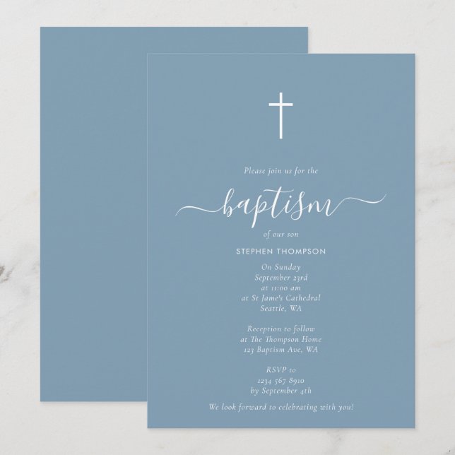 Modern Minimalist Dusty Blue Christening Baptism Invitation (Front/Back)