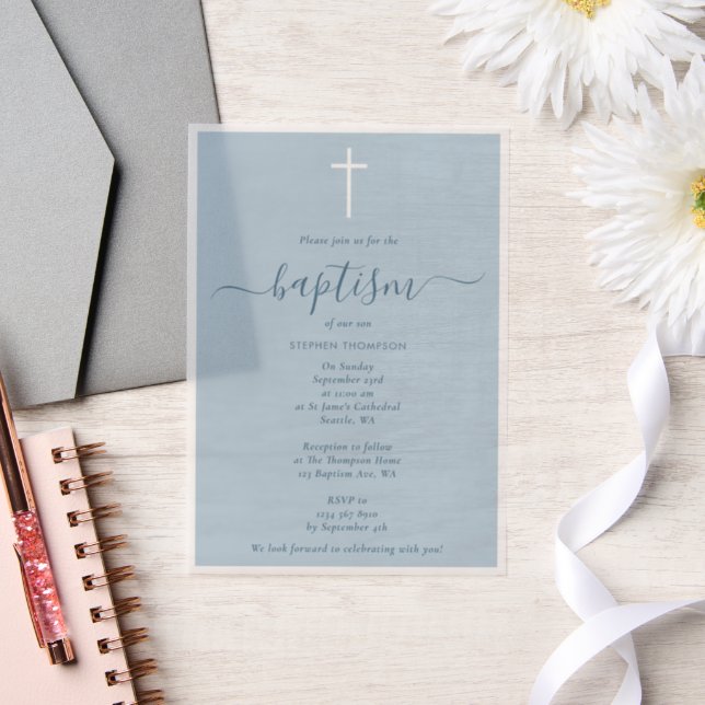 Modern Minimalist Dusty Blue Christening Baptism Vellum Invitations (Wedding)