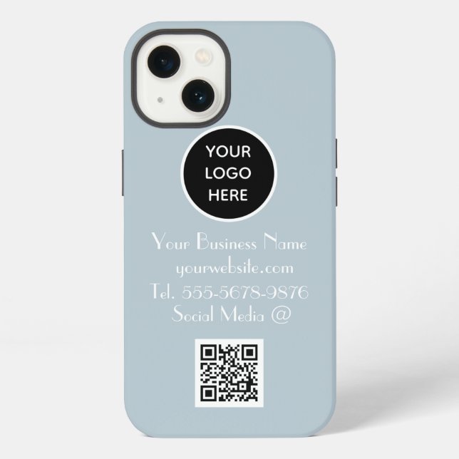 Modern Minimalist Dusty Blue Custom logo QR Code iPhone Case (Back)
