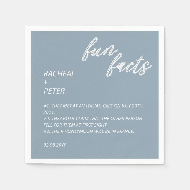 Modern Minimalist Dusty Blue Fun Facts Wedding Napkin (Front)