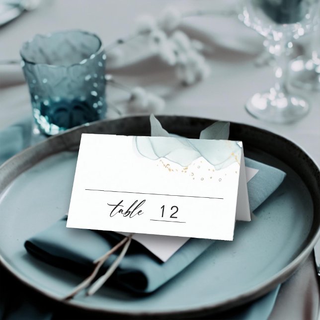 Modern Minimalist Dusty Blue Script Beach Wedding Place Card (dusty blue gold modern wedding place card modern romantic elegant bohemian summer chic romantic)