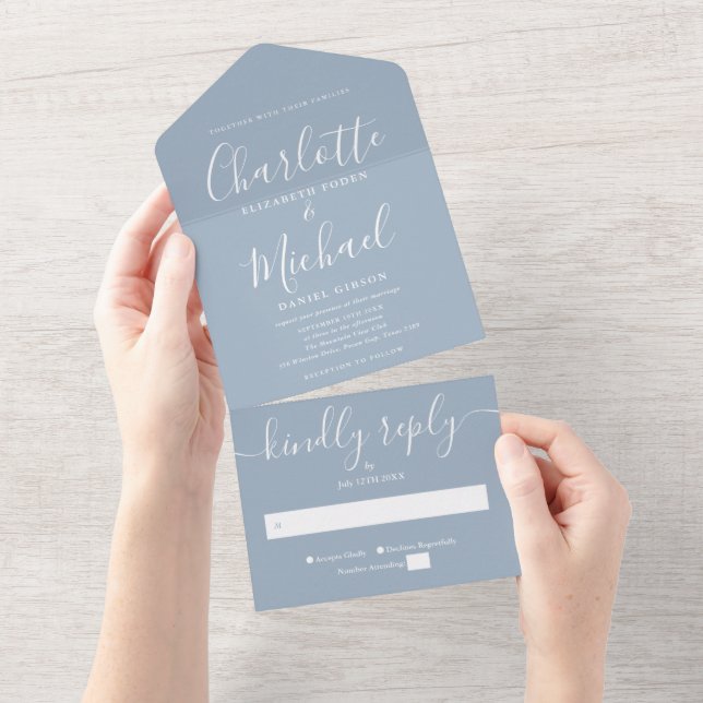 Modern Minimalist Dusty Blue Script Wedding All In One Invitation (Tearaway)