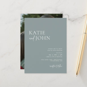 Modern Minimalist Dusty Blue Wedding Photo Announcement Postcard