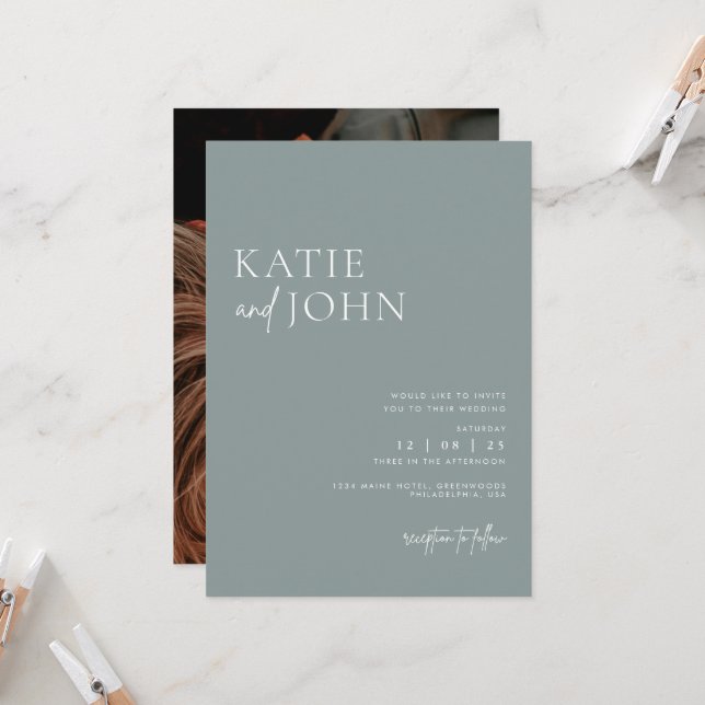 Modern Minimalist Dusty Blue Wedding Photo Invitation (Front/Back In Situ)