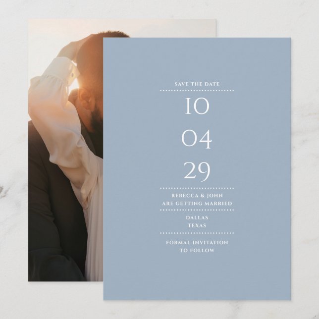Modern Minimalist Dusty Blue Wedding Photo Save The Date (Front/Back)