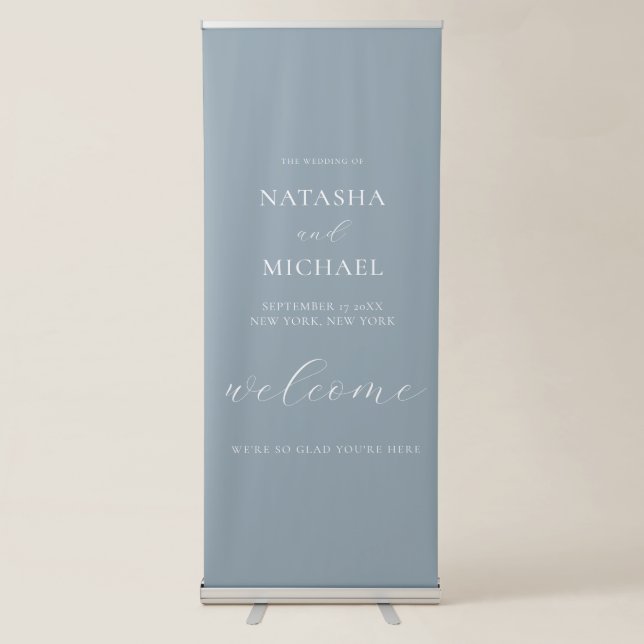 Modern Minimalist Dusty Blue Wedding Welcome Retractable Banner (Front)