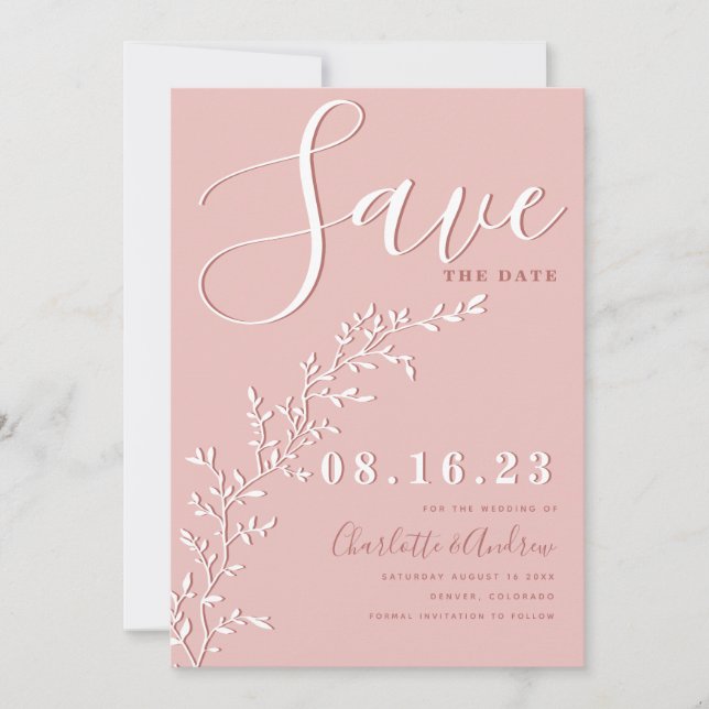 Modern Minimalist Dusty Rose Foliage Save The Date (Front)