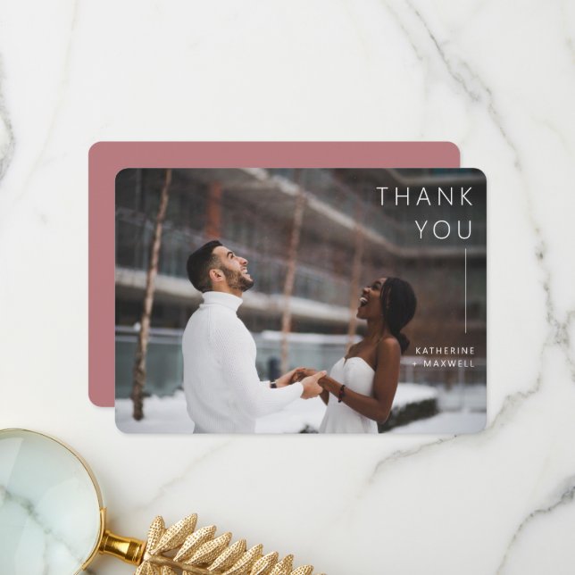 Modern Minimalist Dusty Rose Wedding Photo Thank Y Thank You Card (Front/Back In Situ)