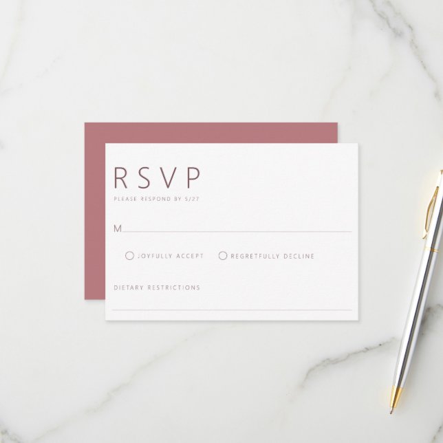 Modern Minimalist Dusty Rose Wedding RSVP Card (Front/Back In Situ)