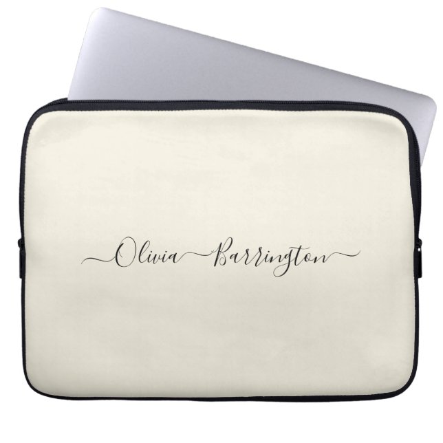 Modern Minimalist Ecru White Script Custom Name Laptop Sleeve (Front)