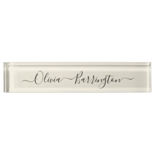 Modern Minimalist Ecru White Script Custom Name Nameplate