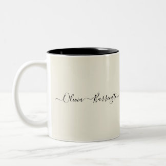 Modern Minimalist Ecru White Script Custom Name Two-Tone Coffee Mug