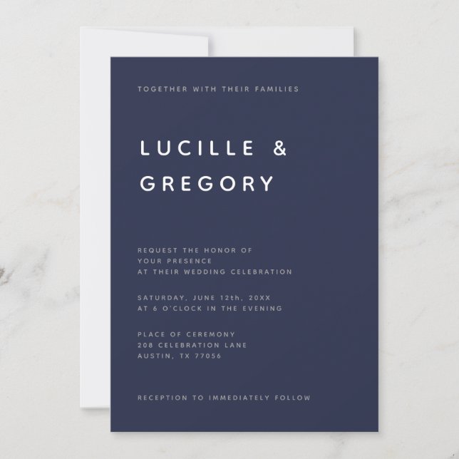 Modern Minimalist Editorial All Caps Midnight Blue Invitation (Front)