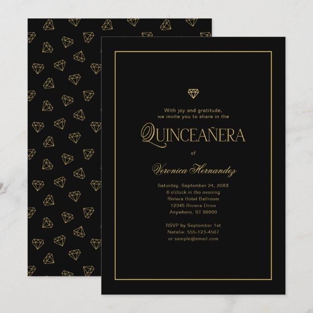 Modern Minimalist Elegant Black Gold Quinceanera  Invitation (Front/Back)