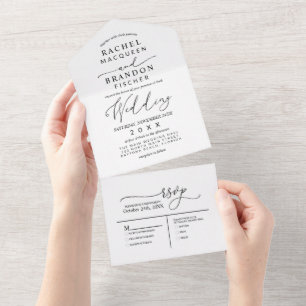 Modern Minimalist Elegant Black White Wedding All  In One Invitation