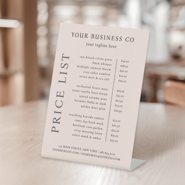 Modern Minimalist Elegant Blush Pink Price List Pedestal Sign (Creator Uploaded)