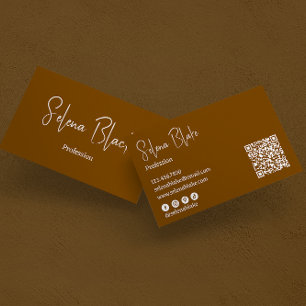  Modern Minimalist    Elegant Brown & QR Code Business Card