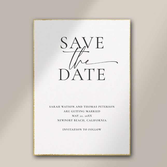 Modern Minimalist Elegant Brushed Gold Wedding Save The Date (modern minimalist simple wedding save the date typography calligraphy black white faux gold template)